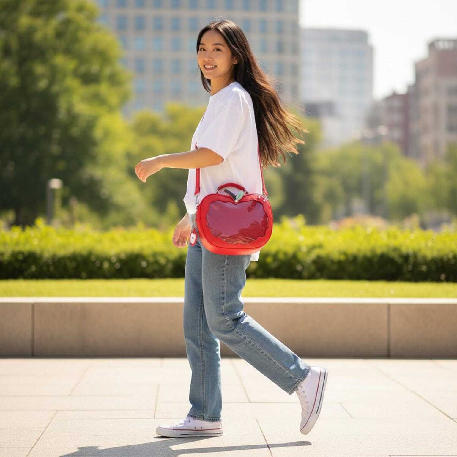 Red Apple Convertible Ita Bag with Clear Window for Pin Display Red Apple Convertible Ita Bag with Clear Window for Pin Display