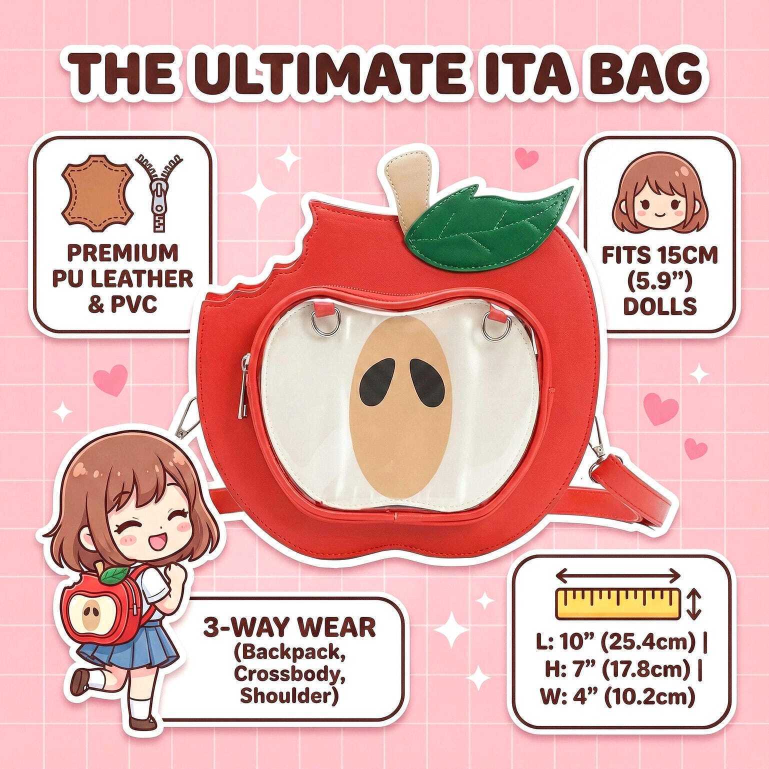 Red Apple Convertible Ita Bag with Clear Window for Plushies and Pins Red Apple Convertible Ita Bag with Clear Window for Plushies and Pins