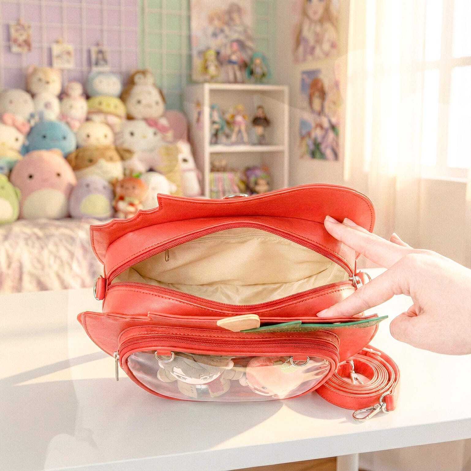 Red Apple Convertible Ita Bag with Clear Window for Plushies and Pins Red Apple Convertible Ita Bag with Clear Window for Plushies and Pins