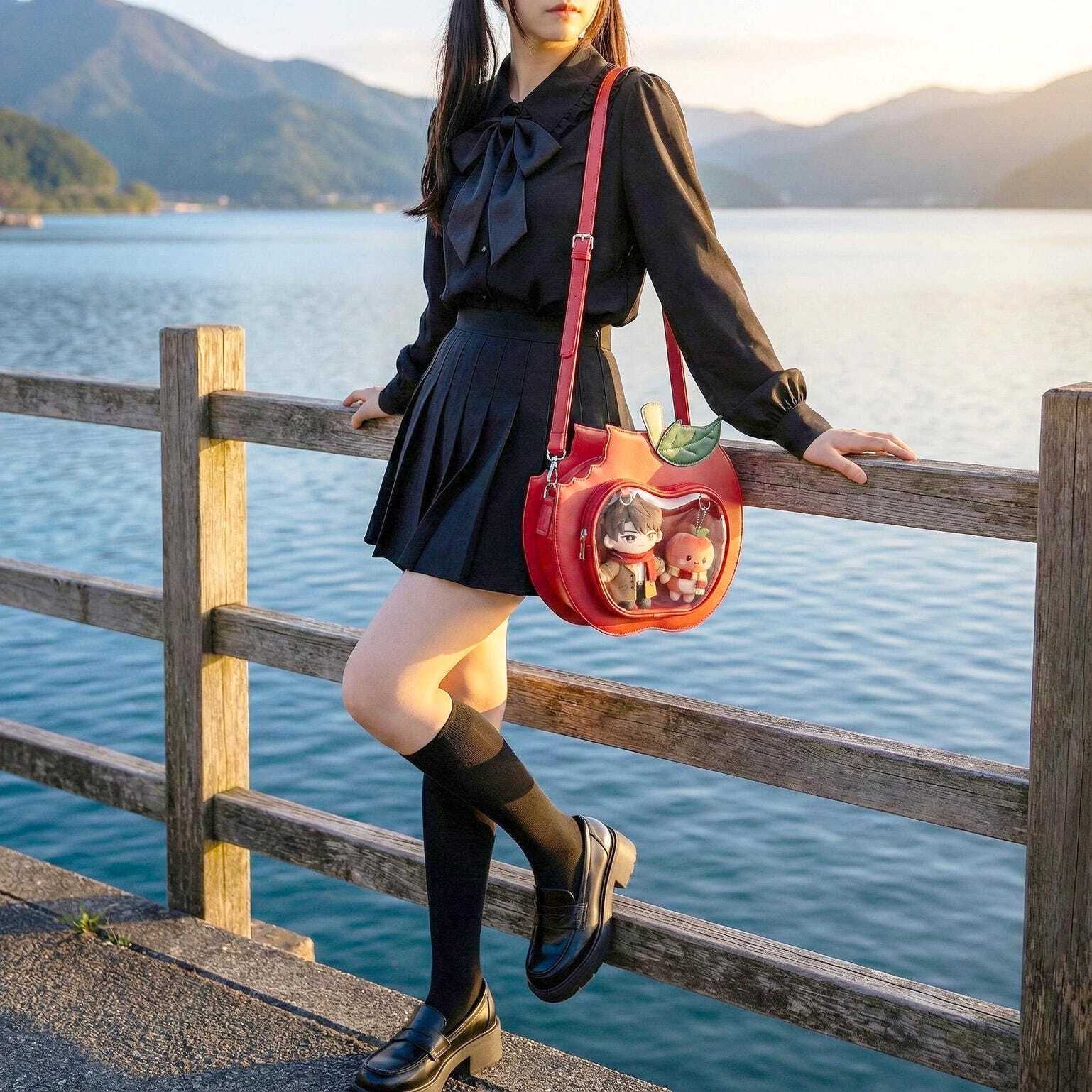 Red Apple Convertible Ita Bag with Clear Window for Plushies and Pins Red Apple Convertible Ita Bag with Clear Window for Plushies and Pins