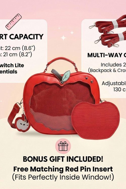 Red Apple Convertible Ita Bag with Clear Window for Plushies and Pins