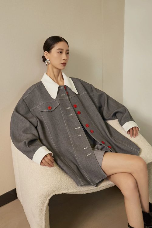 Red Button Patchwork Jacket / Shorts