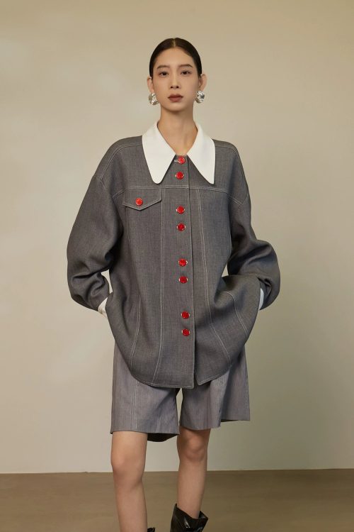 Red Button Patchwork Jacket / Shorts