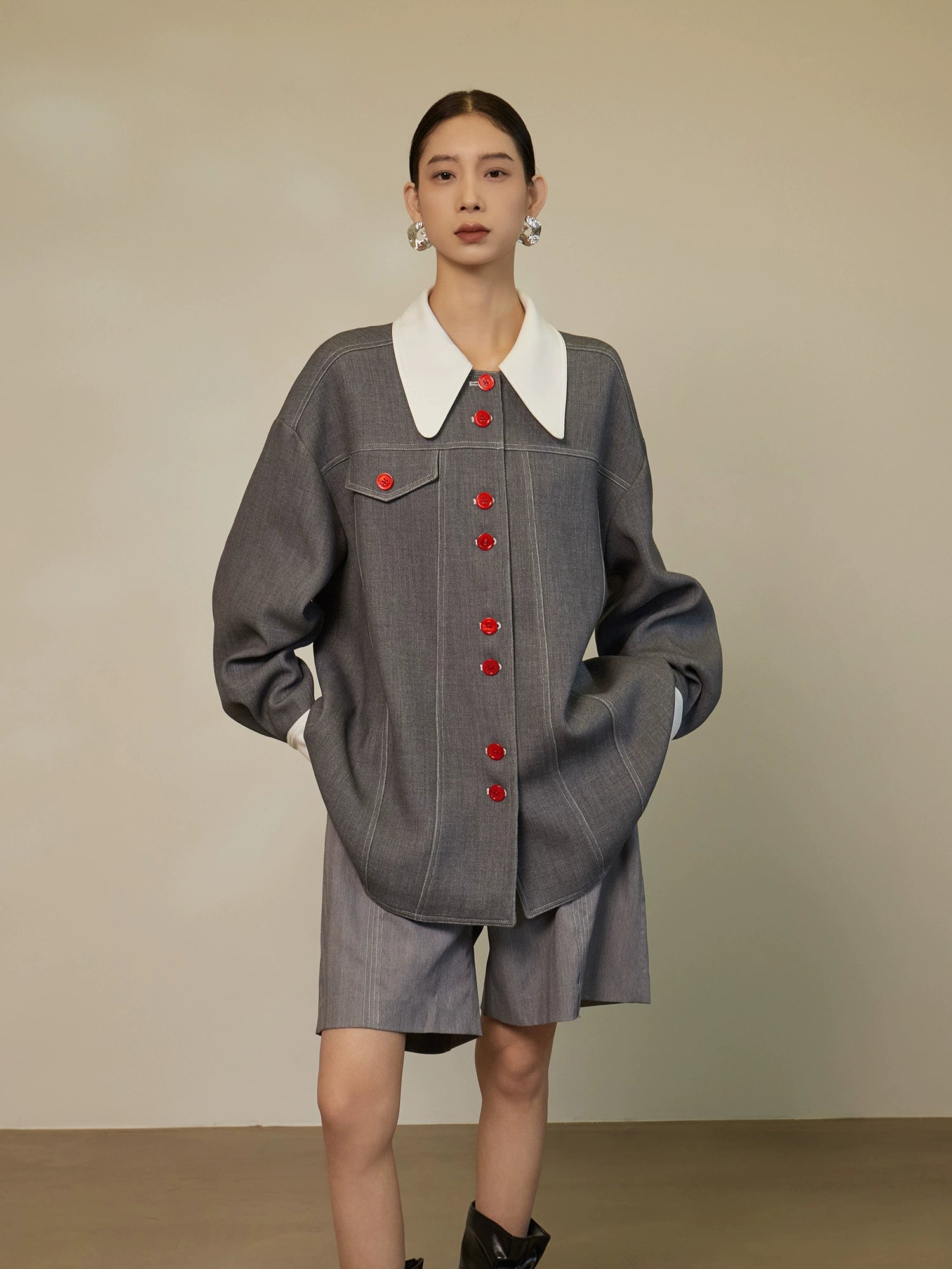 Red Button Patchwork Jacket / Shorts Red Button Patchwork Jacket / Shorts