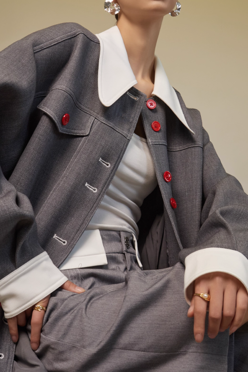 Red Button Patchwork Jacket / Shorts