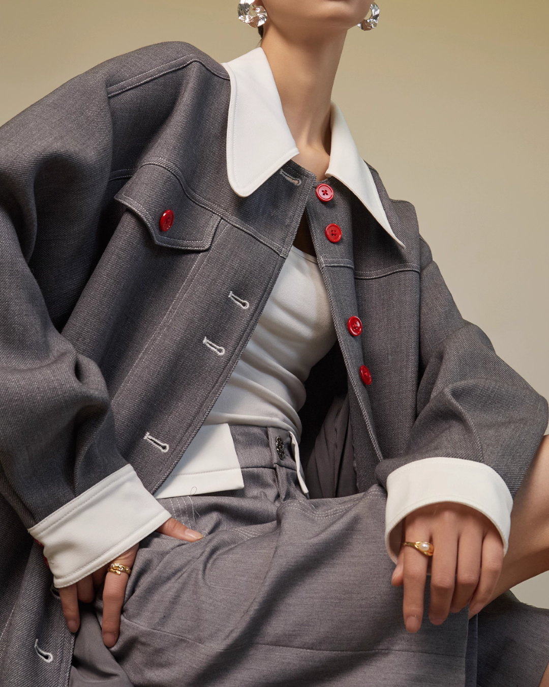 Red Button Patchwork Jacket / Shorts Red Button Patchwork Jacket / Shorts