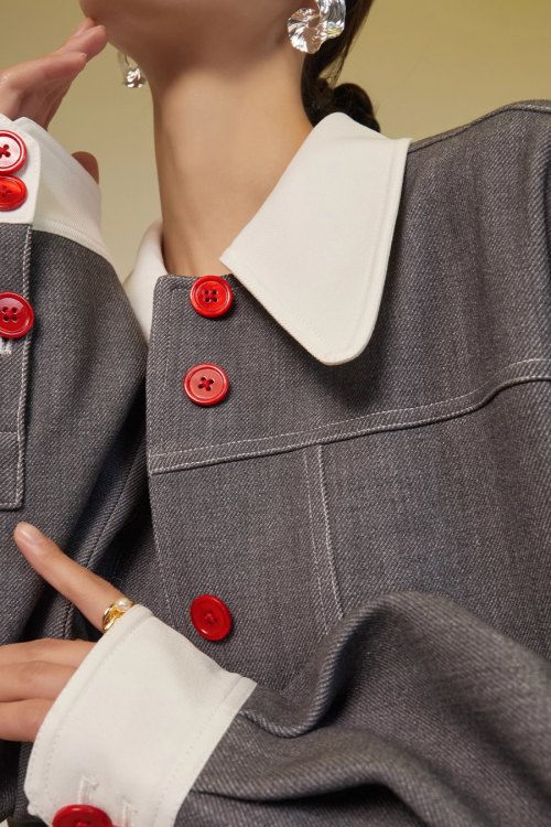 Red Button Patchwork Jacket / Shorts