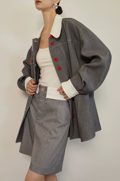 Red Button Patchwork Jacket / Shorts