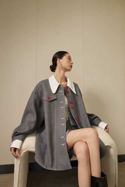 Red Button Patchwork Jacket / Shorts