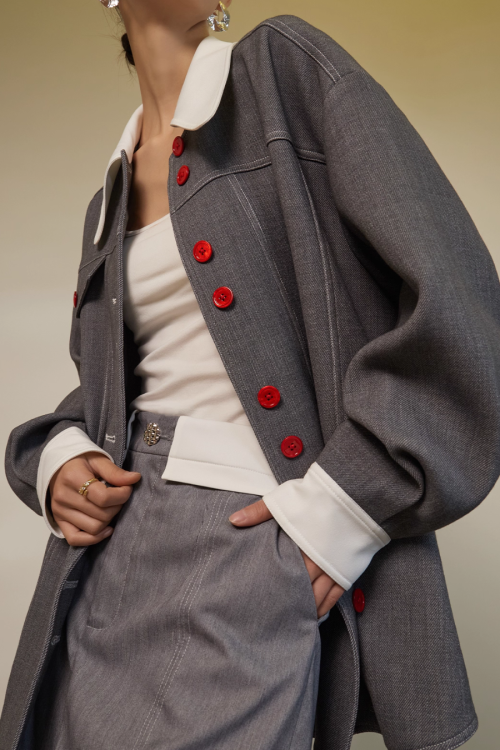 Red Button Patchwork Jacket / Shorts