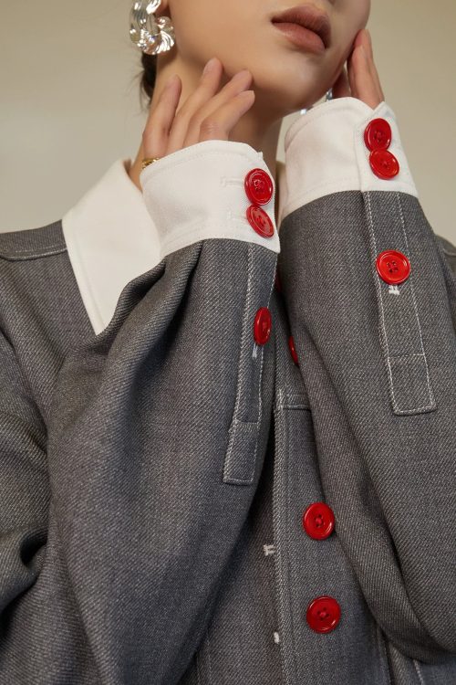 Red Button Patchwork Jacket / Shorts