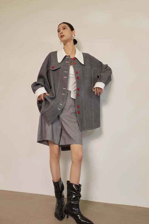 Red Button Patchwork Jacket / Shorts