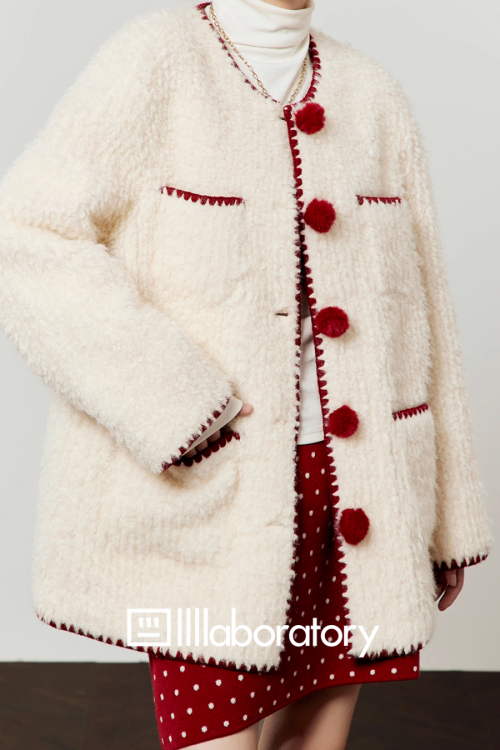 Red Pom-Pom Coat / Red Polka Dot Skirt