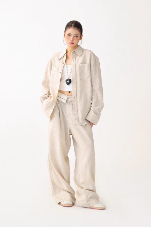 Relax Linen Long Sleeve Shirt / Wide Leg Pants