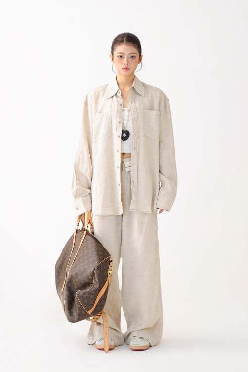 Relax Linen Long Sleeve Shirt / Wide Leg Pants