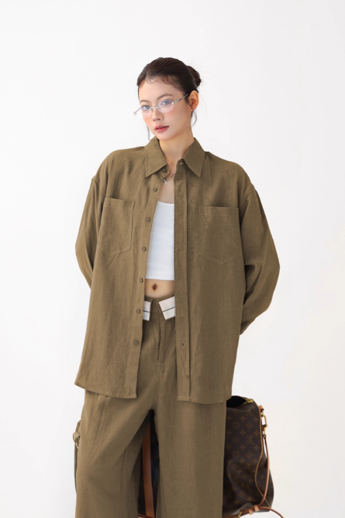 Relax Linen Long Sleeve Shirt / Wide Leg Pants