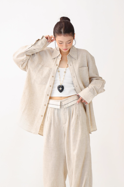 Relax Linen Long Sleeve Shirt / Wide Leg Pants