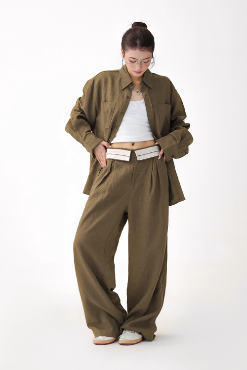 Relax Linen Long Sleeve Shirt / Wide Leg Pants