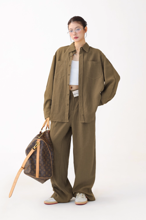 Relax Linen Long Sleeve Shirt / Wide Leg Pants