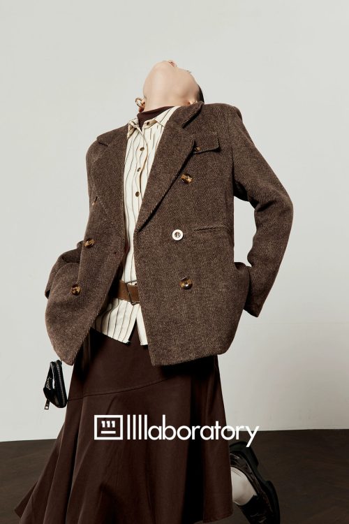 Retro Autumn Jacket / Striped Shirt / Brown Asymmetrical Skirt