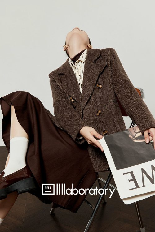 Retro Autumn Jacket / Striped Shirt / Brown Asymmetrical Skirt