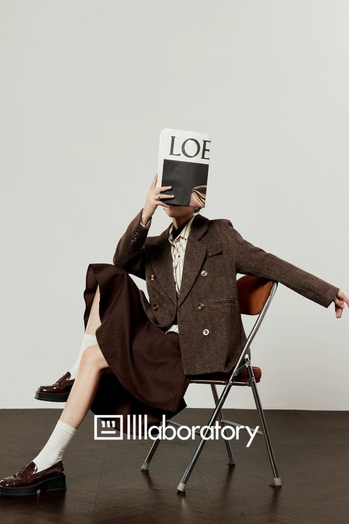 Retro Autumn Jacket / Striped Shirt / Brown Asymmetrical Skirt