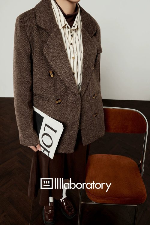 Retro Autumn Jacket / Striped Shirt / Brown Asymmetrical Skirt