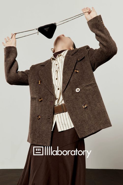 Retro Autumn Jacket / Striped Shirt / Brown Asymmetrical Skirt