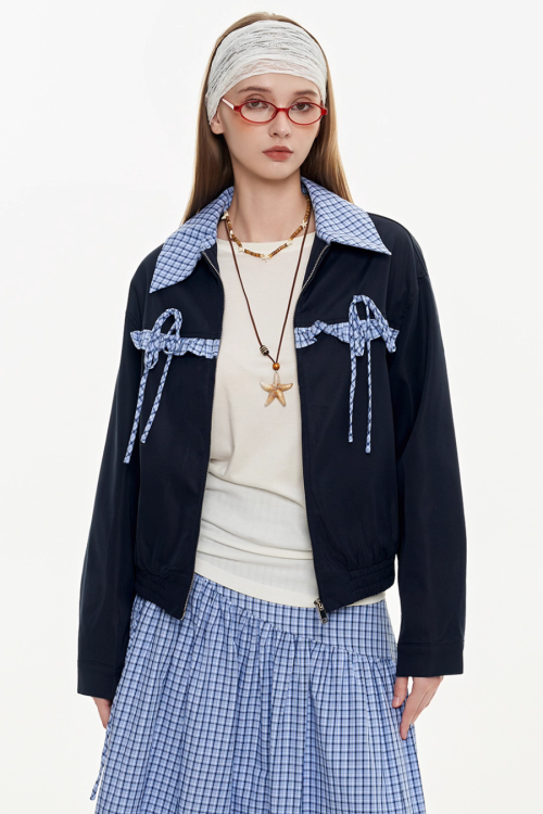 Retro Check Patchwork Jacket / A-Line Skirt