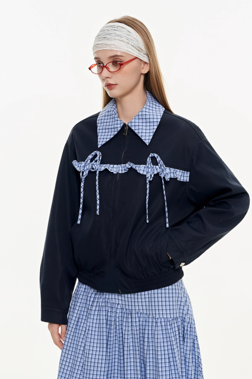 Retro Check Patchwork Jacket / A-Line Skirt