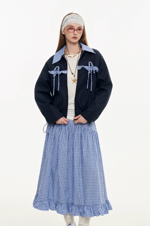 Retro Check Patchwork Jacket / A-Line Skirt