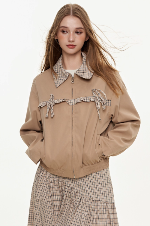 Retro Check Patchwork Jacket / A-Line Skirt