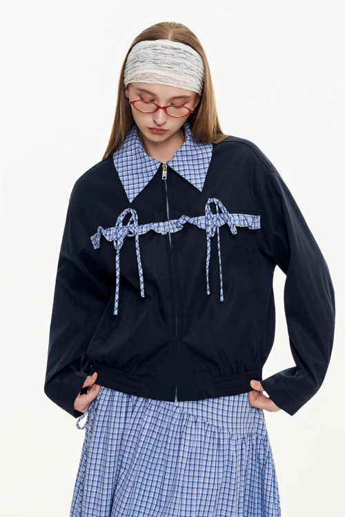 Retro Check Patchwork Jacket / A-Line Skirt