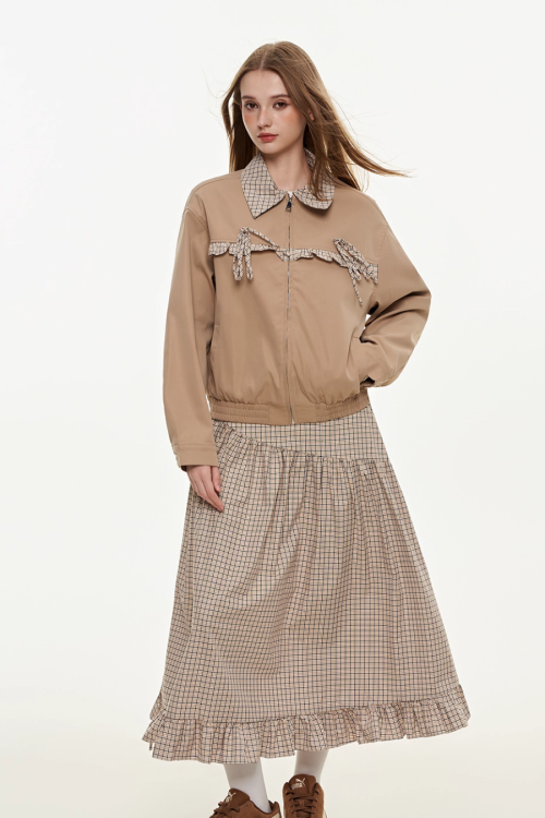 Retro Check Patchwork Jacket / A-Line Skirt