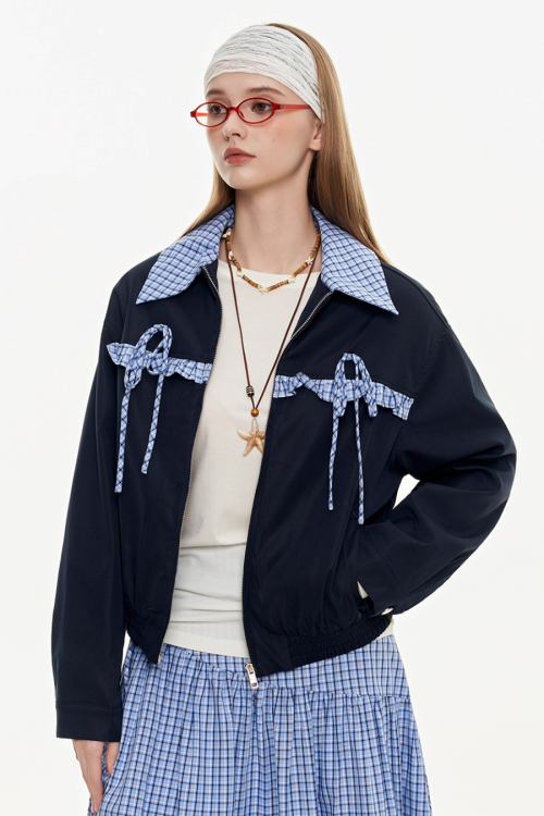 Retro Check Patchwork Jacket / A-Line Skirt