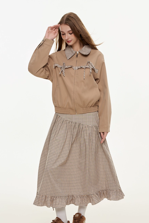 Retro Check Patchwork Jacket / A-Line Skirt