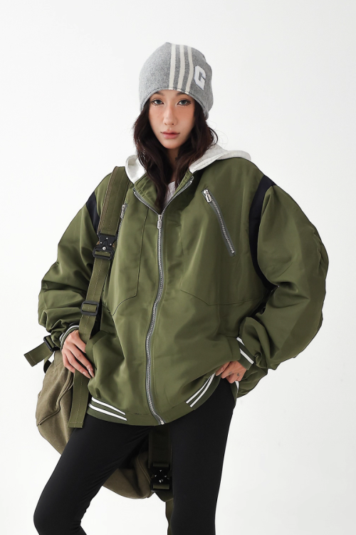 Retro Color Patchwork Hood Jacket