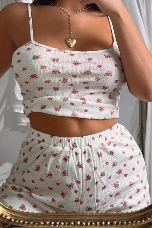Retro Cute Sleeveless Camis Crop Tops Low Rise Shorts Two Pieces Set