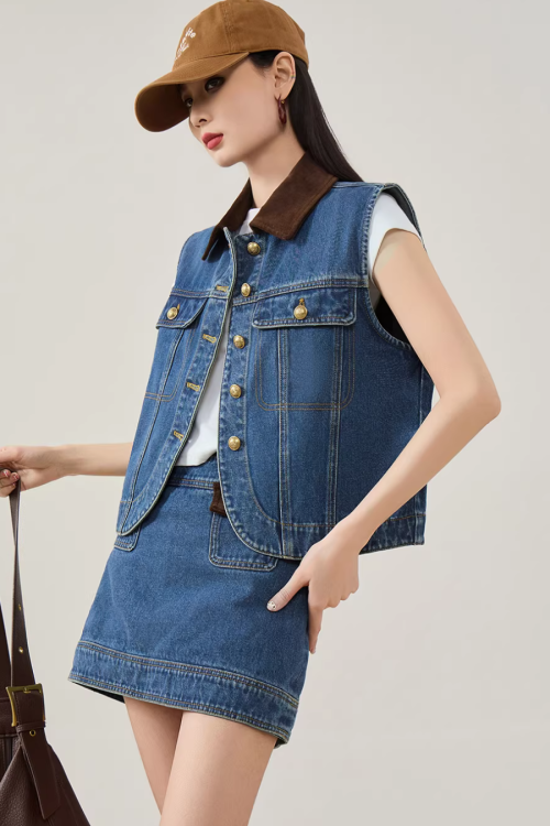 Retro Denim Vest / Denim Mini Skirt