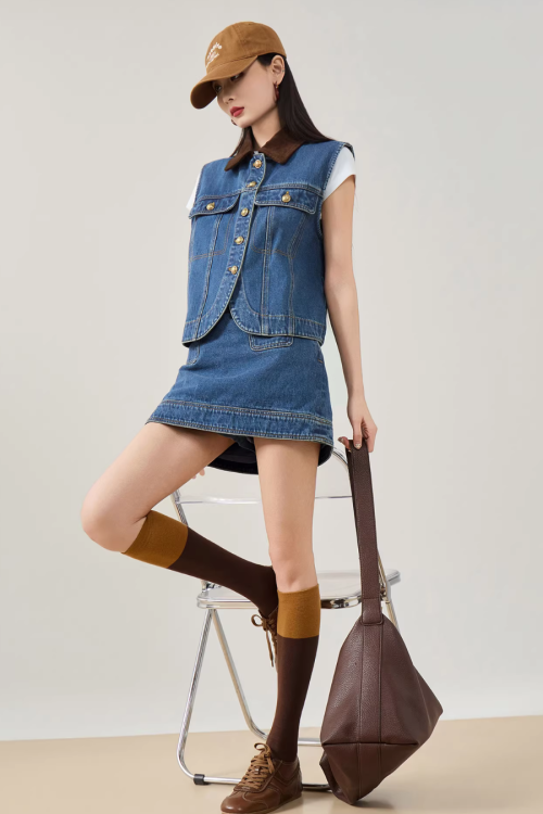 Retro Denim Vest / Denim Mini Skirt