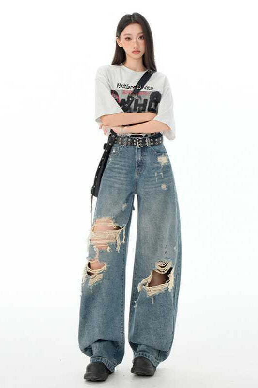 Retro Distressed Long Straight Leg Jeans Retro Distressed Long Straight Leg Jeans