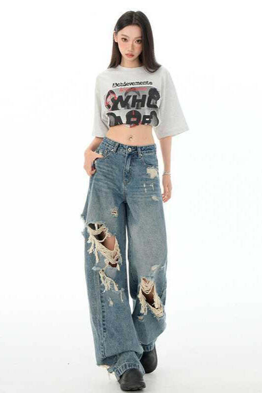 Retro Distressed Long Straight Leg Jeans