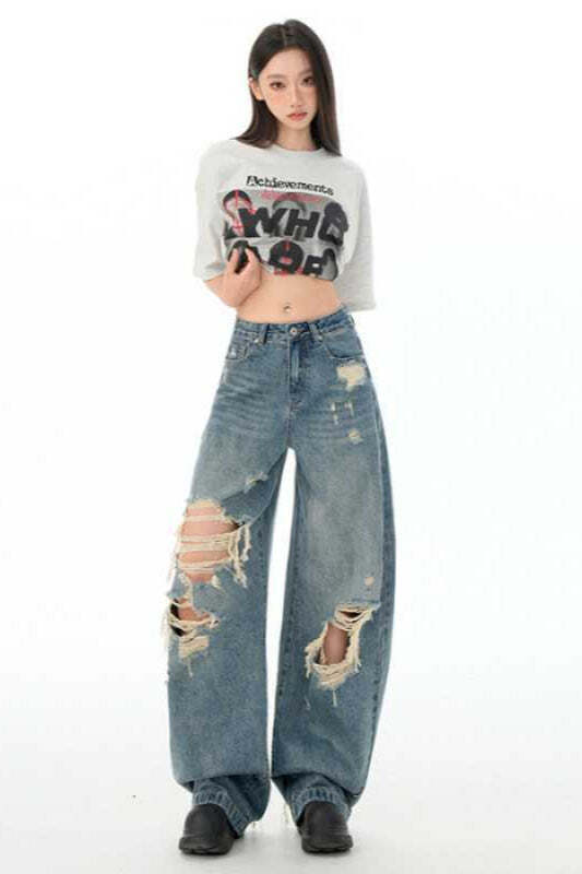 Retro Distressed Long Straight Leg Jeans Retro Distressed Long Straight Leg Jeans