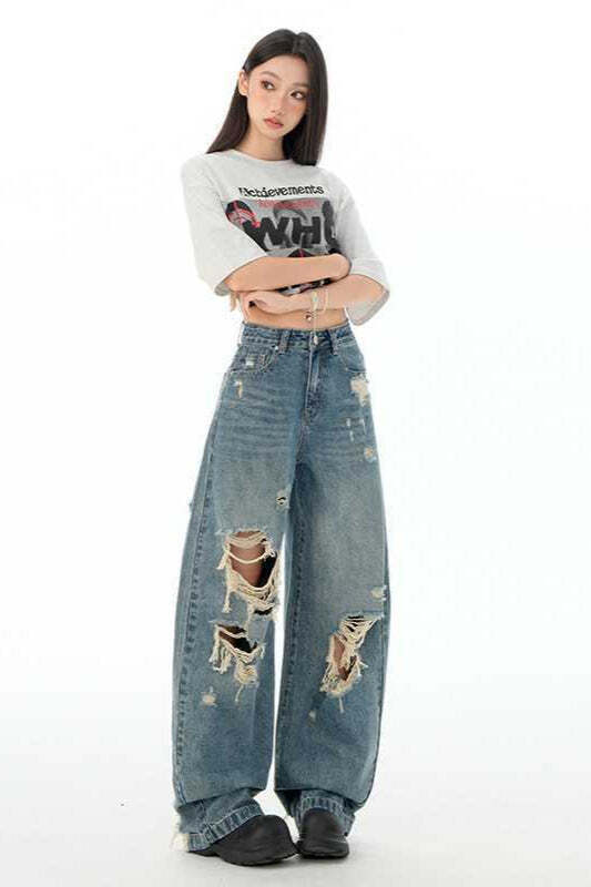 Retro Distressed Long Straight Leg Jeans Retro Distressed Long Straight Leg Jeans