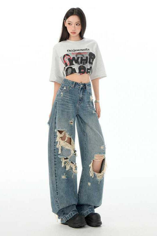 Retro Distressed Long Straight Leg Jeans Retro Distressed Long Straight Leg Jeans