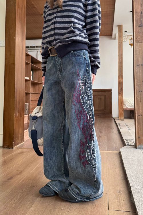 Retro Embroidered Bamboo Denim Pants