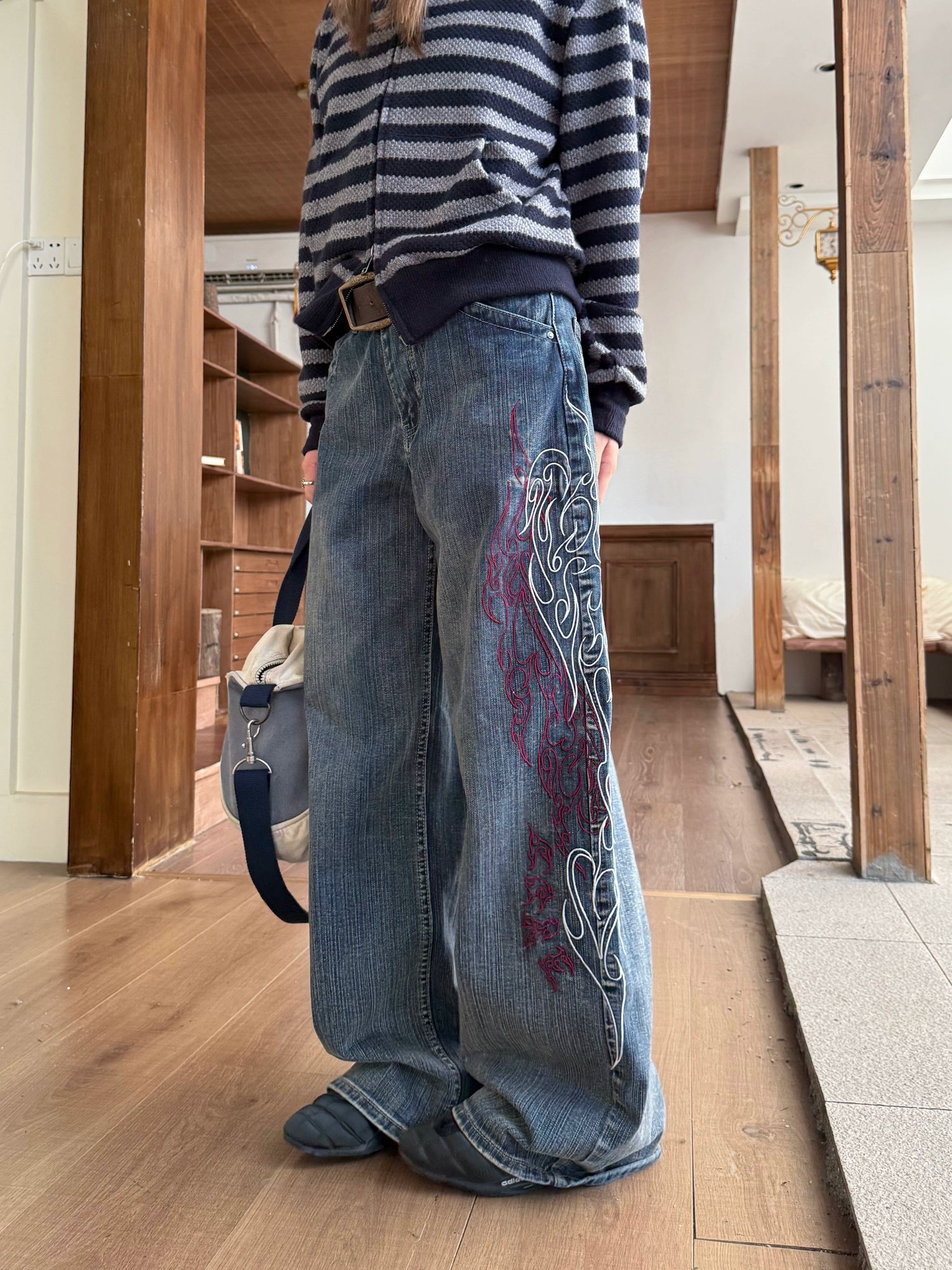 Retro Embroidered Bamboo Denim Pants Retro Embroidered Bamboo Denim Pants