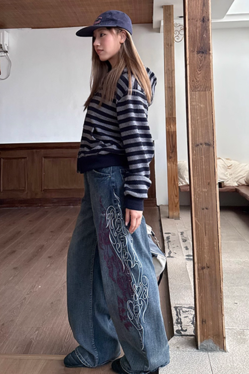 Retro Embroidered Bamboo Denim Pants