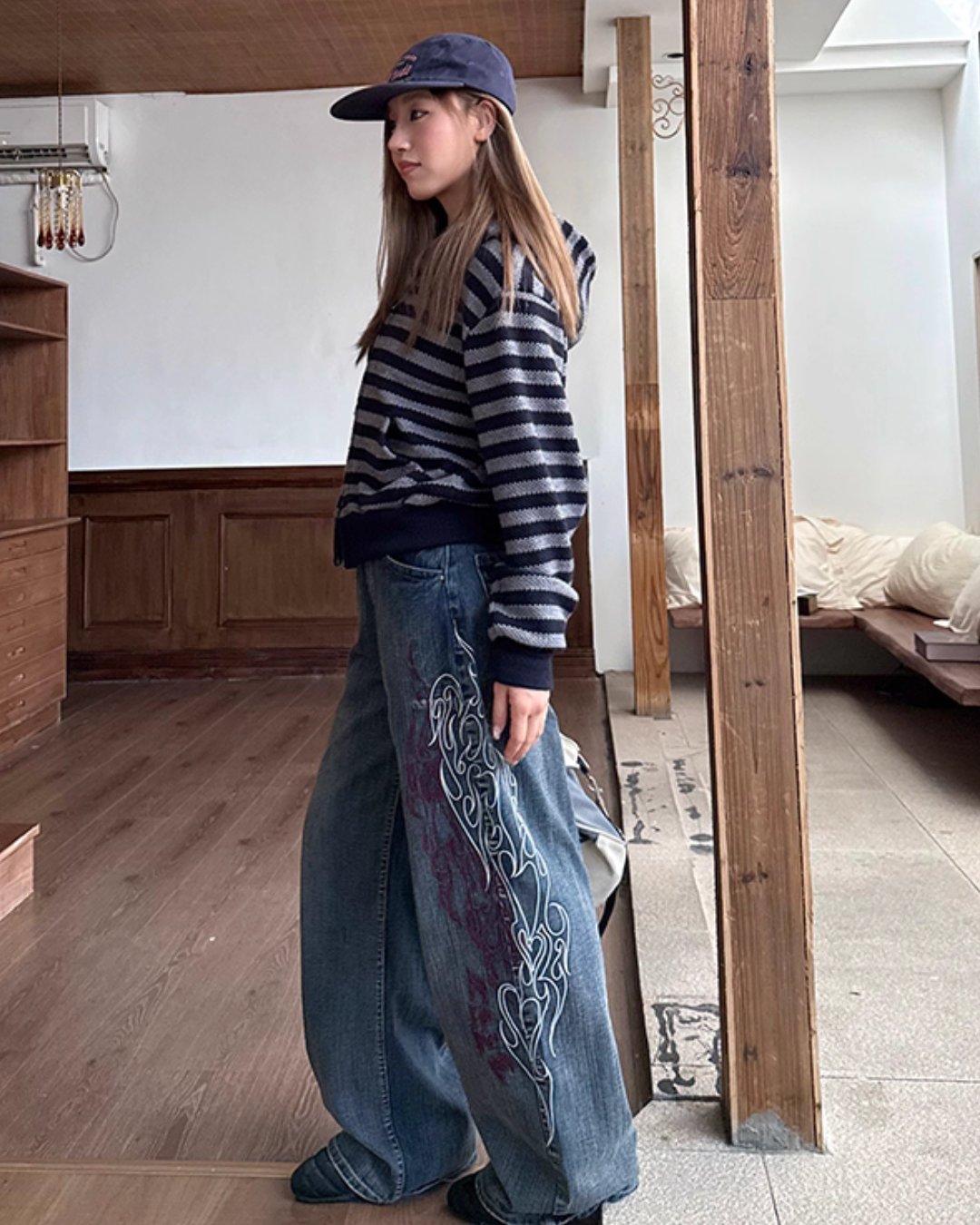 Retro Embroidered Bamboo Denim Pants Retro Embroidered Bamboo Denim Pants