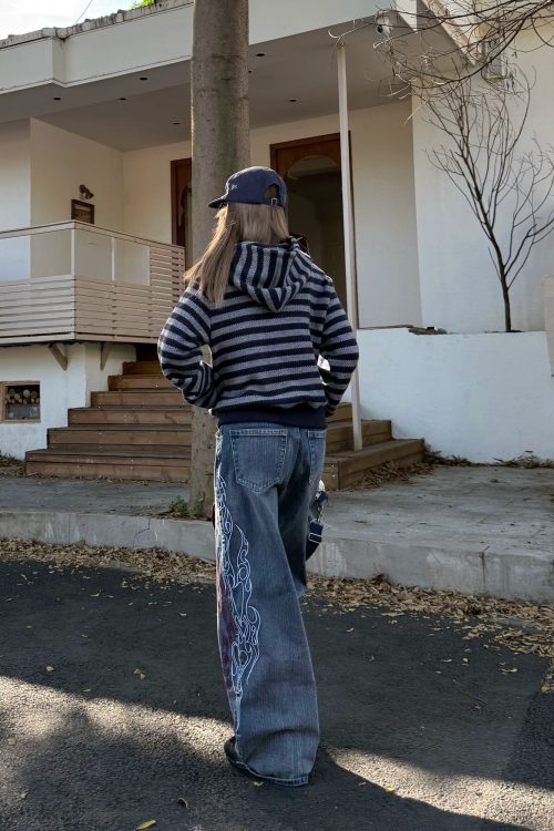 Retro Embroidered Bamboo Denim Pants